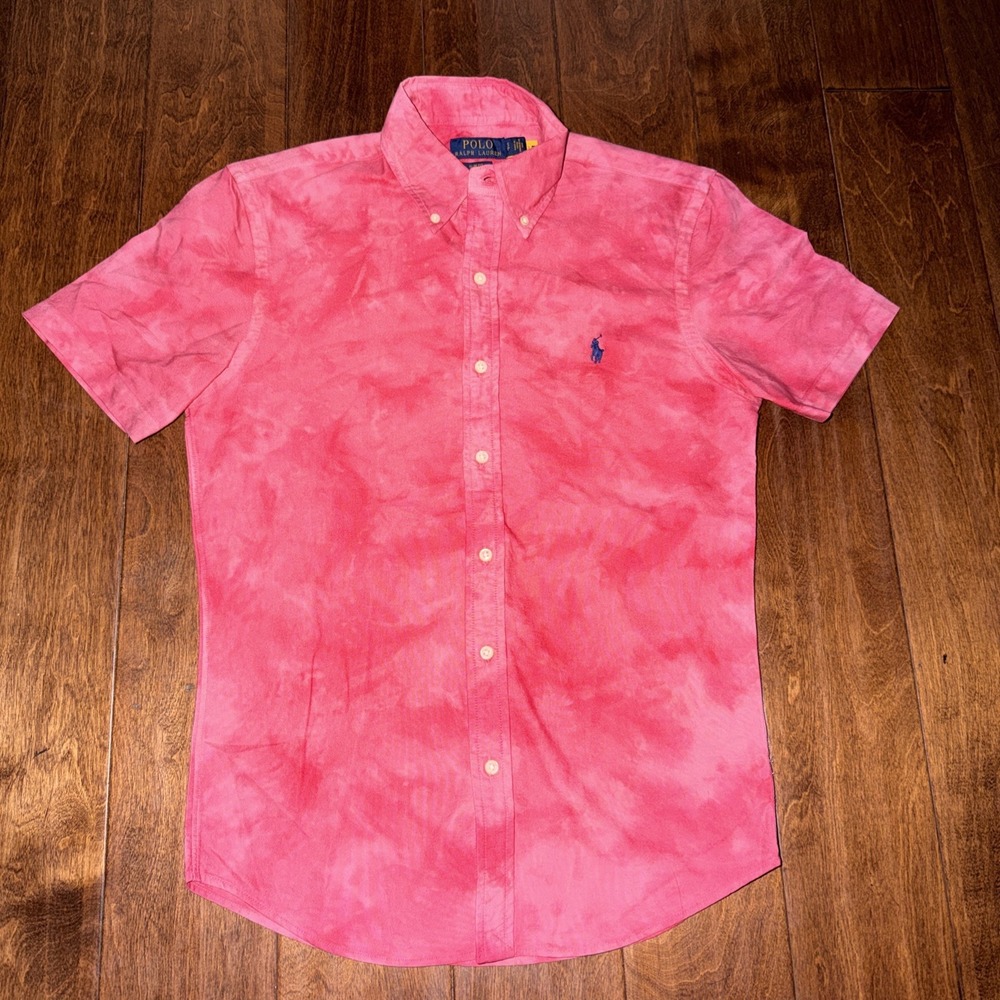 Polo RALPH LAUREN Pink Tie Dye Short Sleeve Button Down Shirt Slim Fit Small